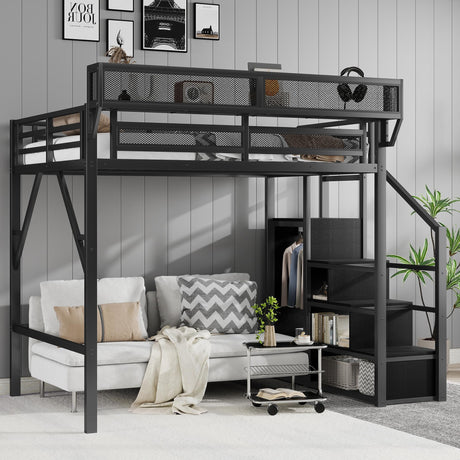 MoproBeti Full Size Loft Bed with Stairs, Metal Loft Beds Full with Storage Shelves, Adults Loft Bed with Wardrobe, Heavy Duty High Lofted Bed for Teens,Black +Black Stair MoproBeti