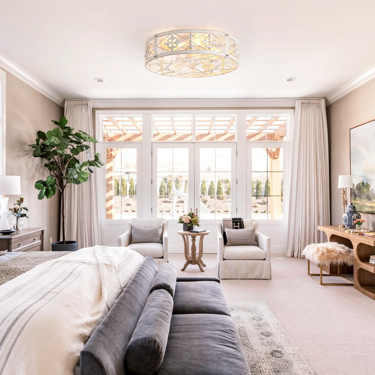 ZYD Caged Ceiling Fan with Light, 20" Ceiling Fan with Lights and Remote Flush Mount, Bladeless Caged Ceiling Fan with Light, Rust White Farmhouse Ceiling Fan for Bedroom, Kitchen, Dining Room ZYD