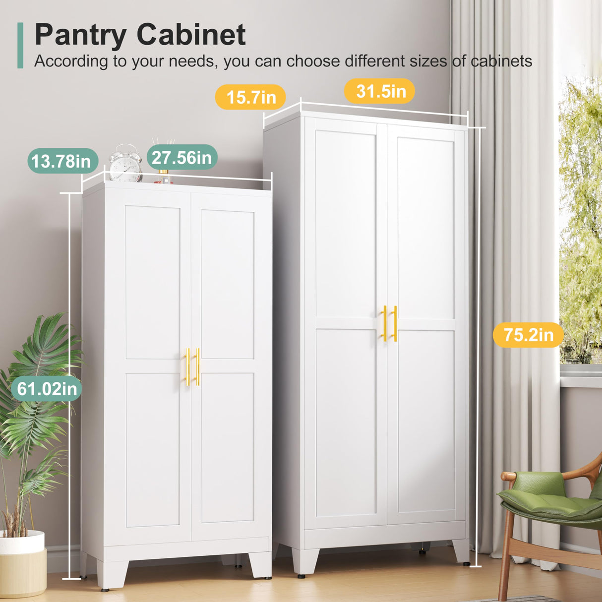Metal Pantry Cabinet with 2 Doors and 5 Adjustable Shelves, 75" Kitchen Storage cabinets with Gold Handles, Versatile Storage for Laundry Room, Living Room, Bathroom, Dinning Room, Utility Room-White winiowa