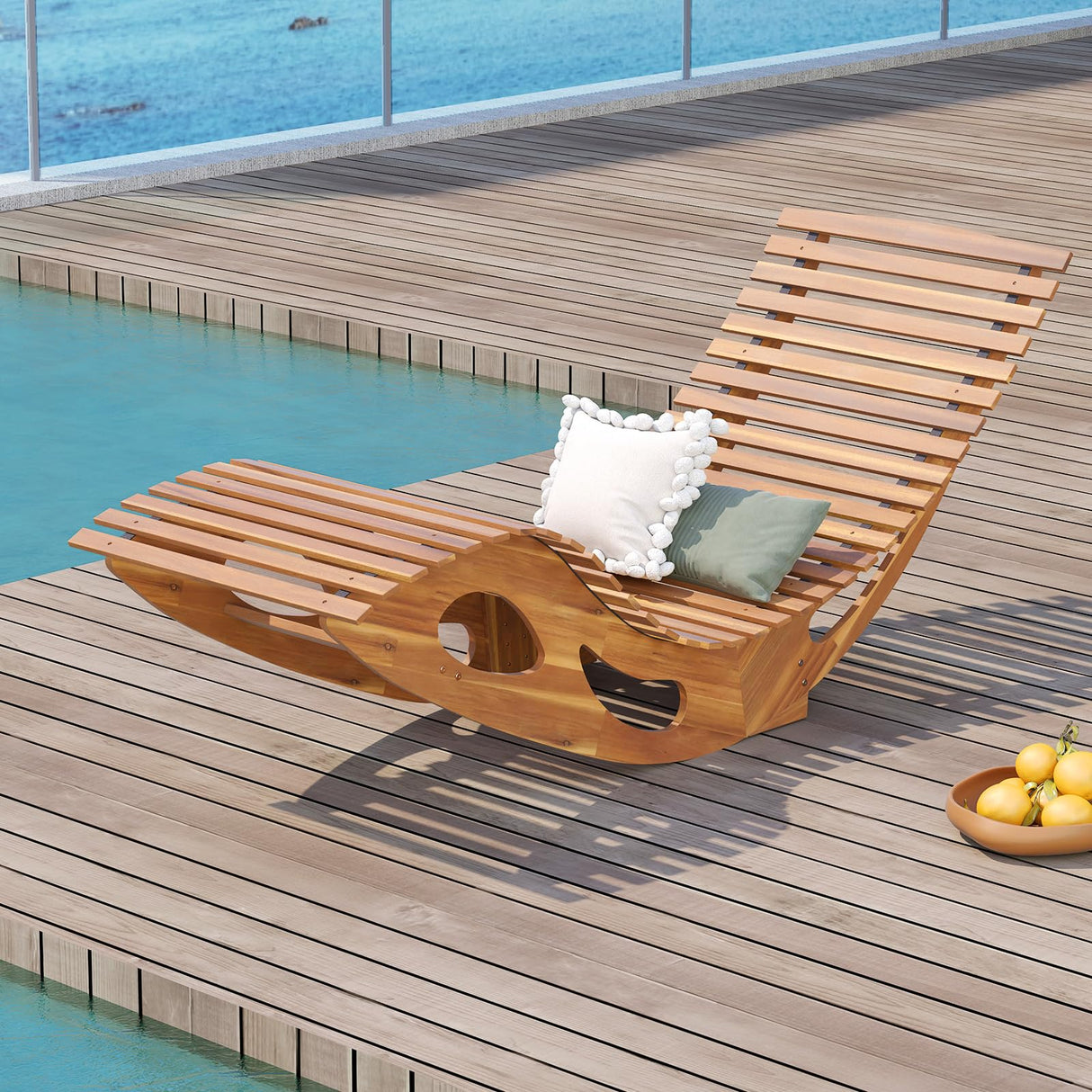 Giantex Acacia Wood Outdoor Rocking Chair, Patio Lounge Chair with Ergonomic Curved & Slatted Seat, High Back, Bottom Stopper, Outside Chaise Lounge, 63”x23.5”x26” Pool Lounger for Porch, Yard (1) Giantex