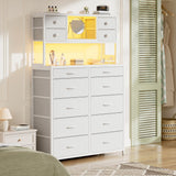 62.8" H Dresser for Bedroom with 14 Fabric Drawers,White Dresser with Charging Station and LED Lights,Dressers & Chests of Drawers for Bedroom, Steel Frame & Wooden Top, Entryway EnHomee