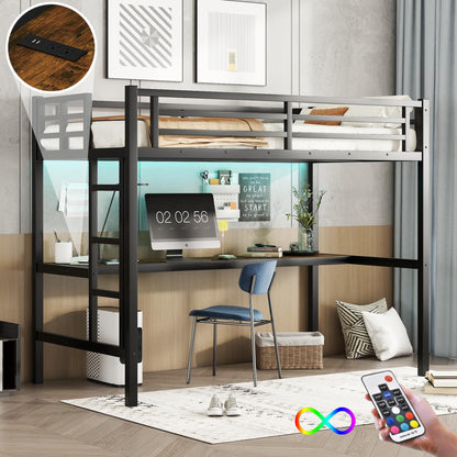 Bellemave Loft Bed Twin XL Size with Desk, LED Lights,Charging Station, Twin XL Metal Loft Bed Frame, Twin XL loft Bed for Adults, Kids, Teens, Twin XL, Black