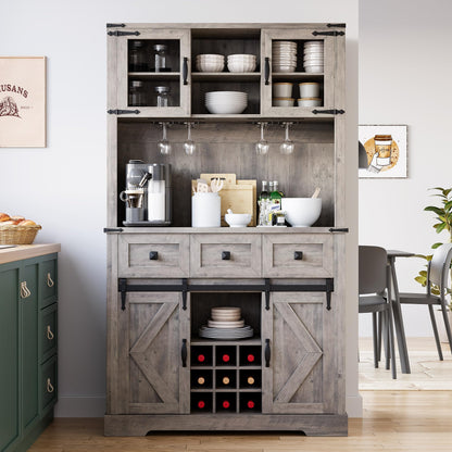 72" Farmhouse Bar Cabinet with Sliding Barn Door, Tall Kitchen Buffet with Storage Hutch and 3 Drawer, Rustic Coffee Bar Sideboard with Wine & Glasses Rack, for Living Room, Washed Grey