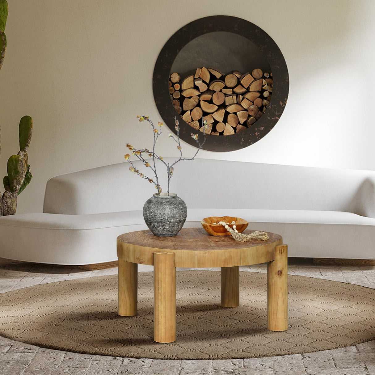 HOKYHOKY Round Wood Coffee Table - 29.53" Wooden Coffee Tables Living Room with Solid Wood Legs and Natural Wood Veneer, Farmhouse Boho Circle Coffee Tables, Natural Wood Color, 29.53" D X 16.54" H HOKYHOKY