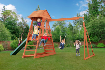 Cedar Chalet Wooden Backyard Playset | W: 213" D: 109" H: 111" | w/ 2 Belt Swings & Trapeze | Kids Age 3-10 | Sandbox, Slide & Climbing Wall | DIY Assembly | ASTM Standards | 10-Year Warranty on Wood