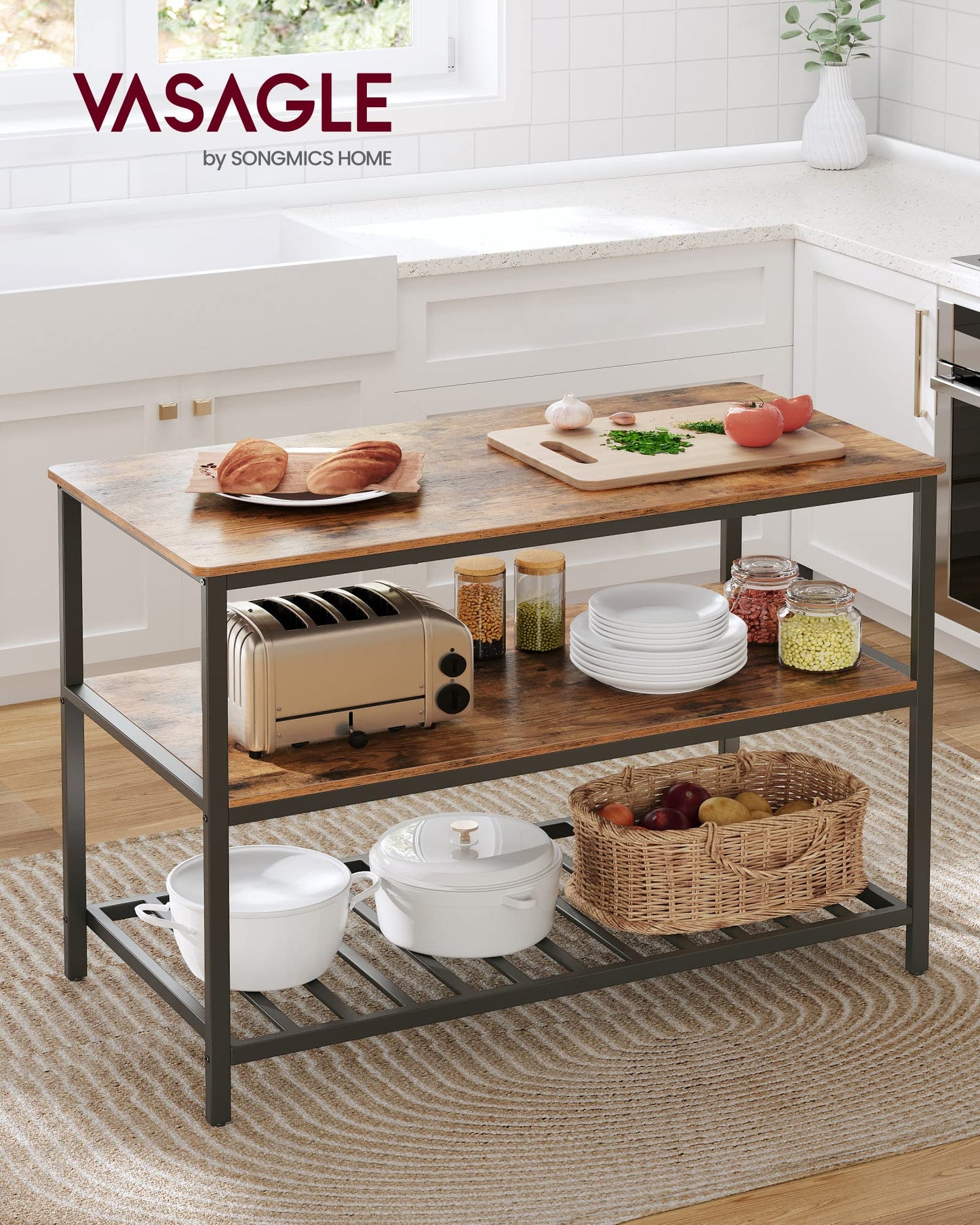 VASAGLE Industrial Kitchen Island with 3 Shelves and Large Worktop in Rustic Brown and Black