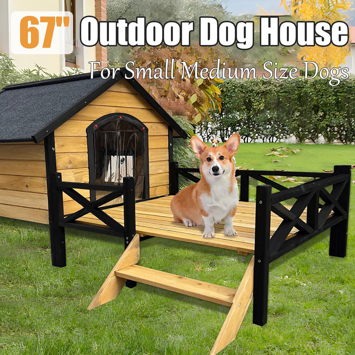 68'' Wooden Dog House Outdoor with Porch, Outside Dog House with Weather-Resistance Roof and Curtains, Wood Pet House Indoor Outdoor for Small Medium Dogs Pets, Natural - WoodArtSupply