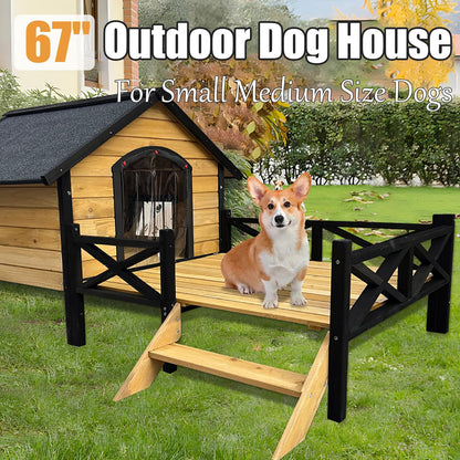 68'' Wooden Dog House Outdoor with Porch, Outside Dog House with Weather-Resistance Roof and Curtains, Wood Pet House Indoor Outdoor for Small Medium Dogs Pets, Natural - WoodArtSupply