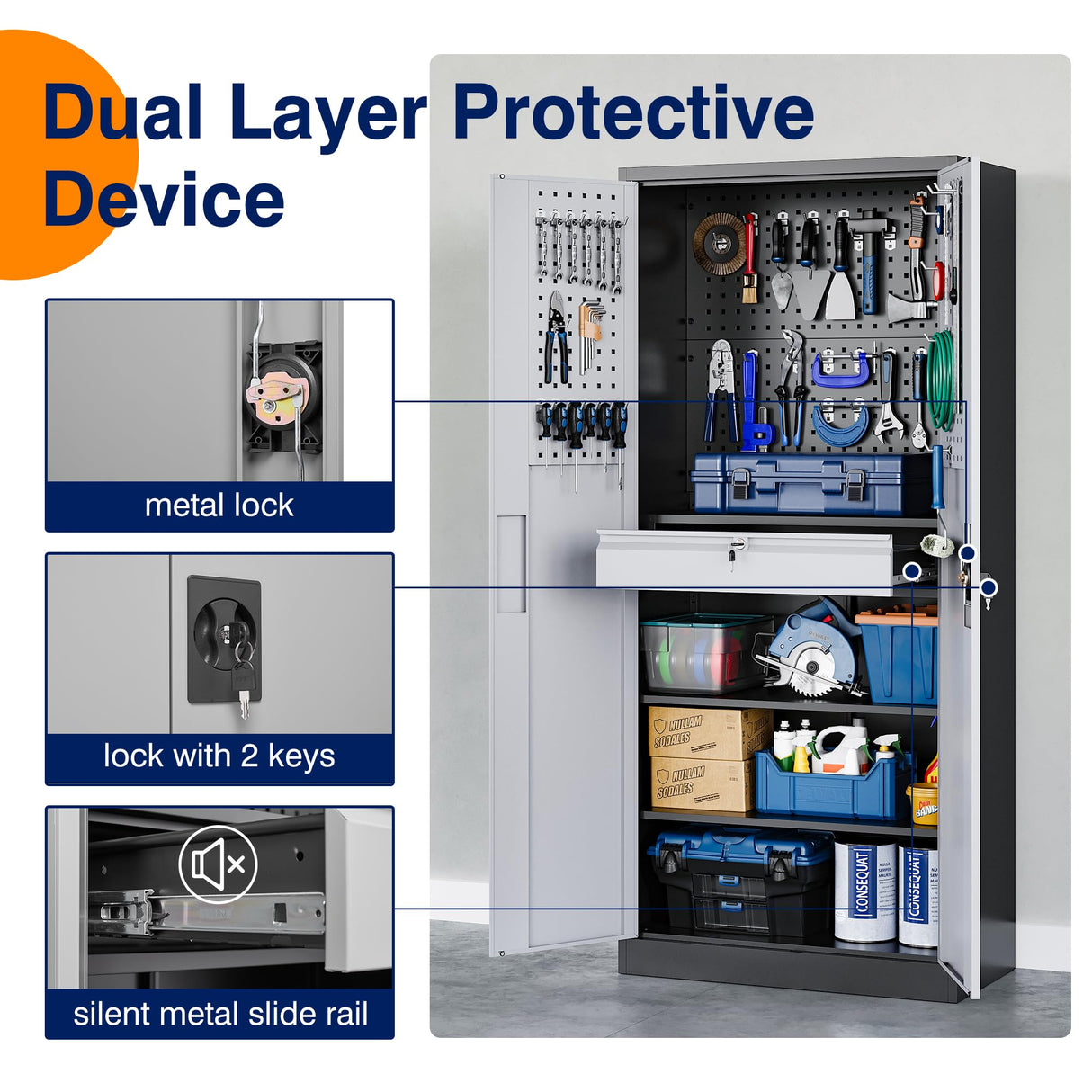 Yizosh Metal Garage Storage Cabinet with Locking Doors and Drawers, Heavy Duty Steel Tool Cabinet with Pegboard, 71" - Lockable Cabinets for Garage, Warehouse, Basement (Black Gray) Yizosh