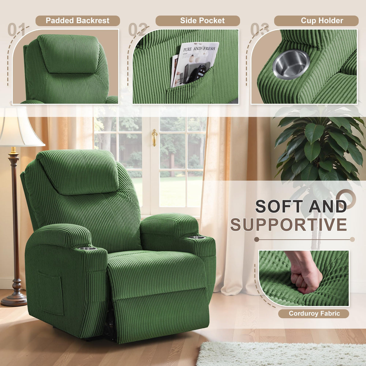 Flamaker Power Lift Recliner Chair Electric Lift Recliner for Elderly Power Lift Recliner Chair with Cup Holders Side Pockets for Living Room (Corduroy, Green) Flamaker