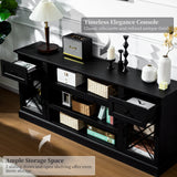 ENOUSHU 70 Inch Farmhouse TV Stand Table for 75 80 inch TV, Modern Entertainment Center with LED Lights and Glass Doors, Wooden Black TV Stands for Living Room ENOUSHU