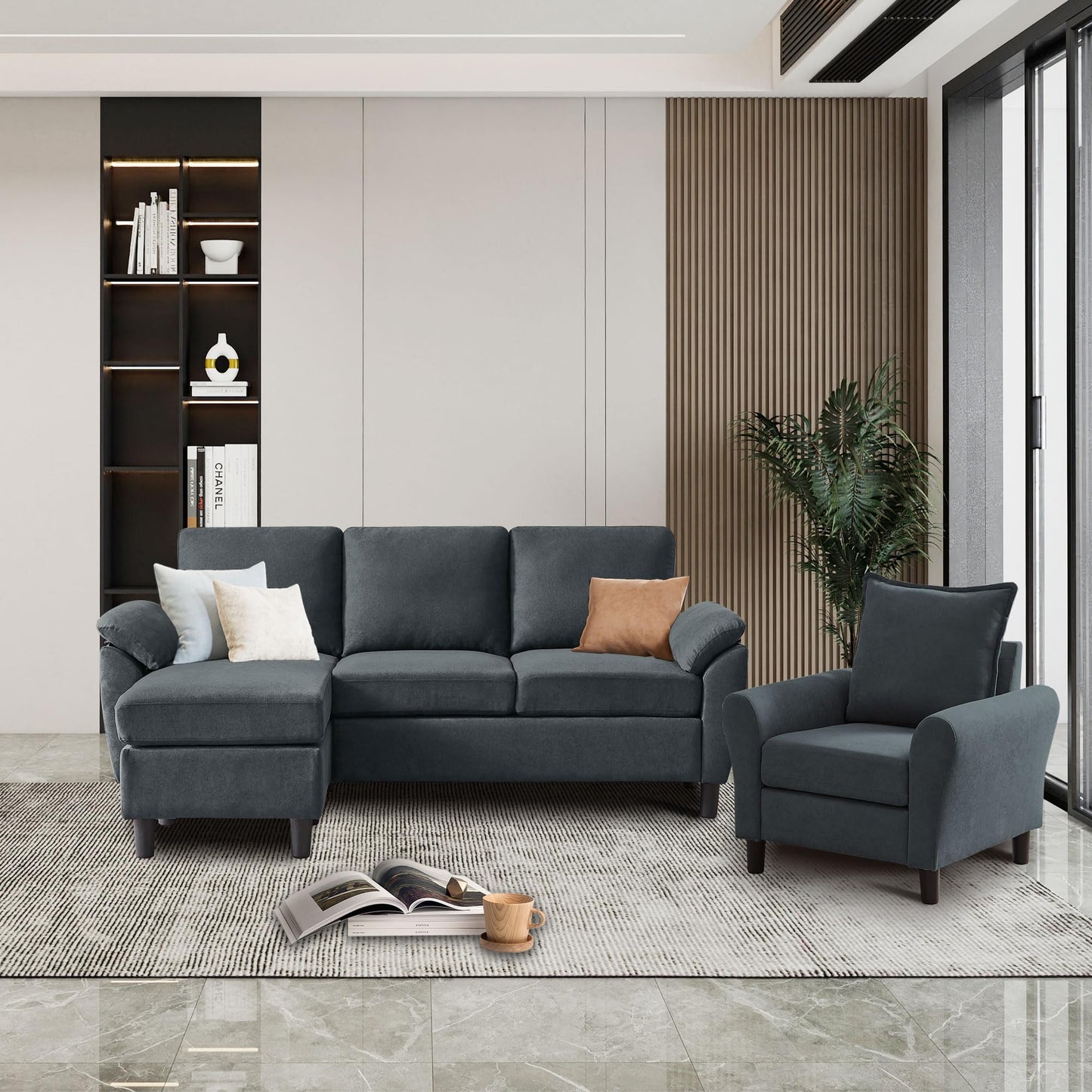 Tornama 79" Convertible Sectional Sofa Set, Small L Shaped 3-Seat Couch with Reversible Chaise and Accent Chair, Modern Linen Sofas Couches for Living Room, Dark Grey