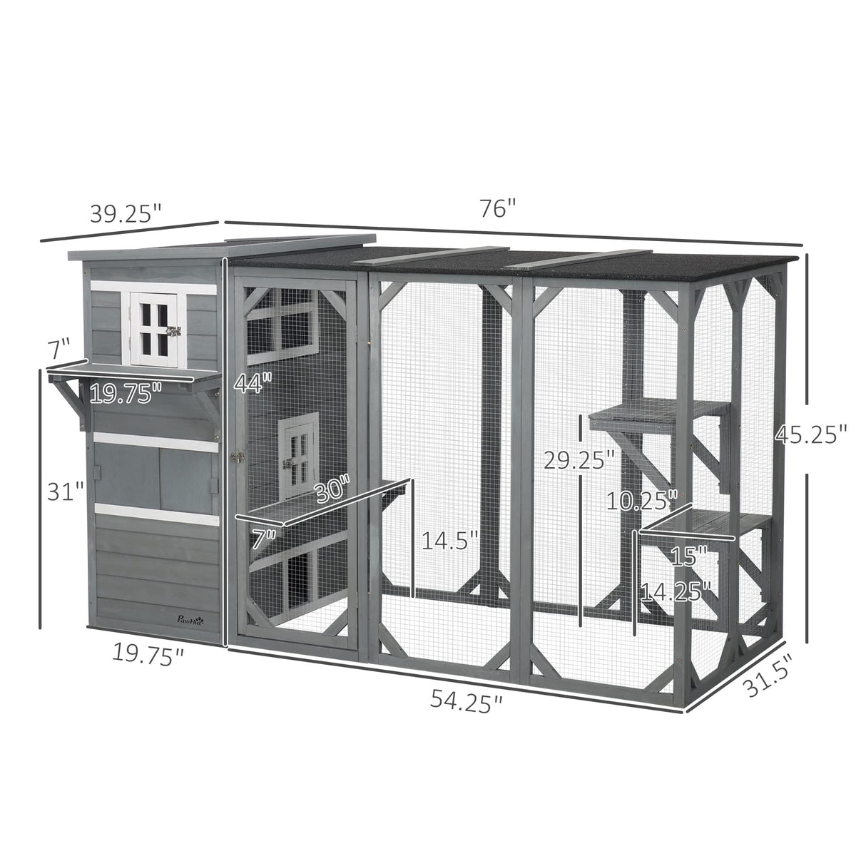 PawHut Outdoor Cat Catio, Large Wood Cat House Enclosure with Multi-Level Design, Weatherproof Roof, Big Hiding Areas, Multiple Platforms, Resting Box, Gray PawHut