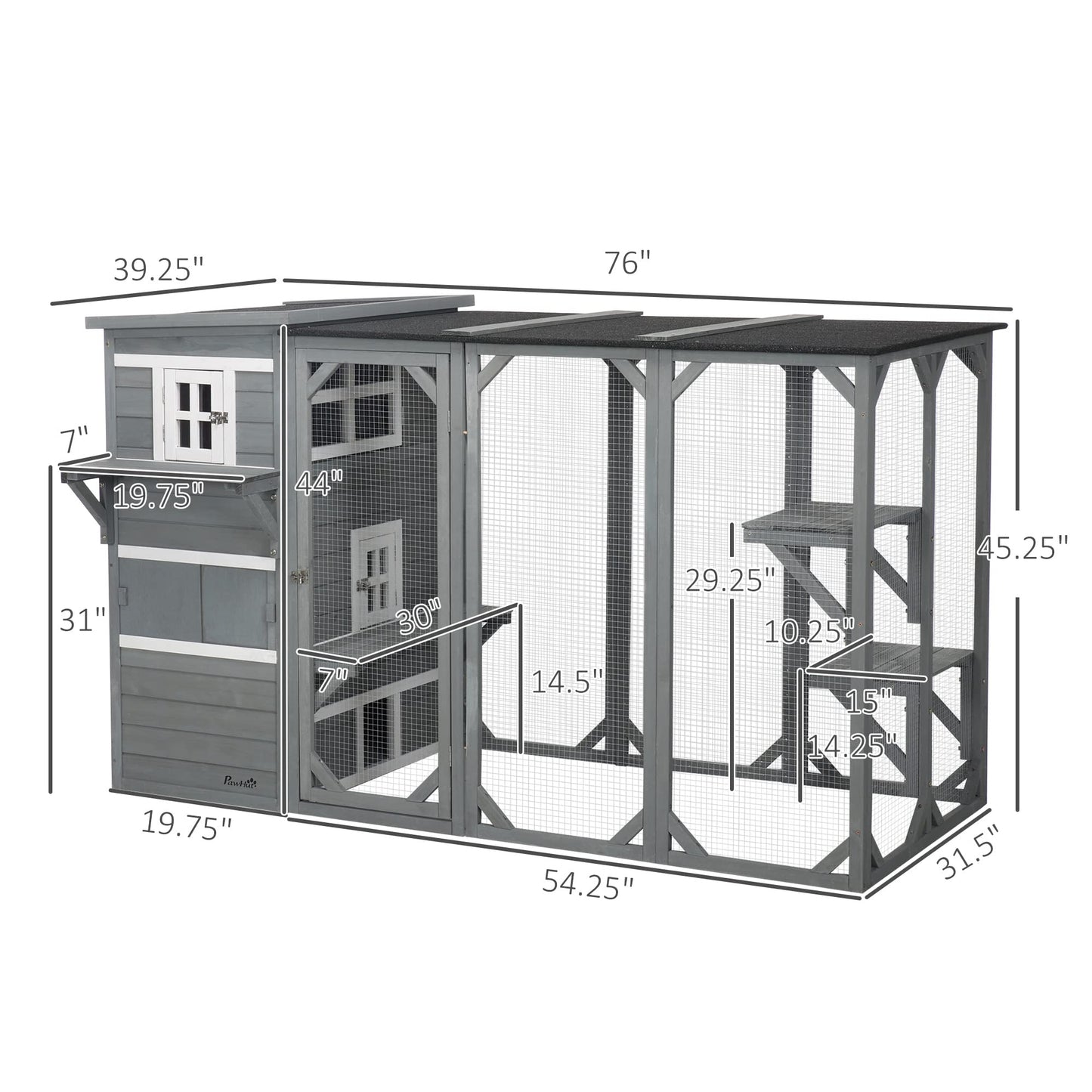 PawHut Outdoor Cat Catio, Large Wood Cat House Enclosure with Multi-Level Design, Weatherproof Roof, Big Hiding Areas, Multiple Platforms, Resting Box, Gray - WoodArtSupply