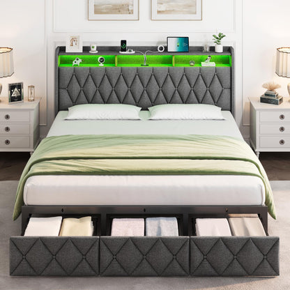 MEIJUJIA Upholstered King Size Bed Frame with LED Headboard, Charging Station, and 3 Storage Drawers in Dark Grey - WoodArtSupply