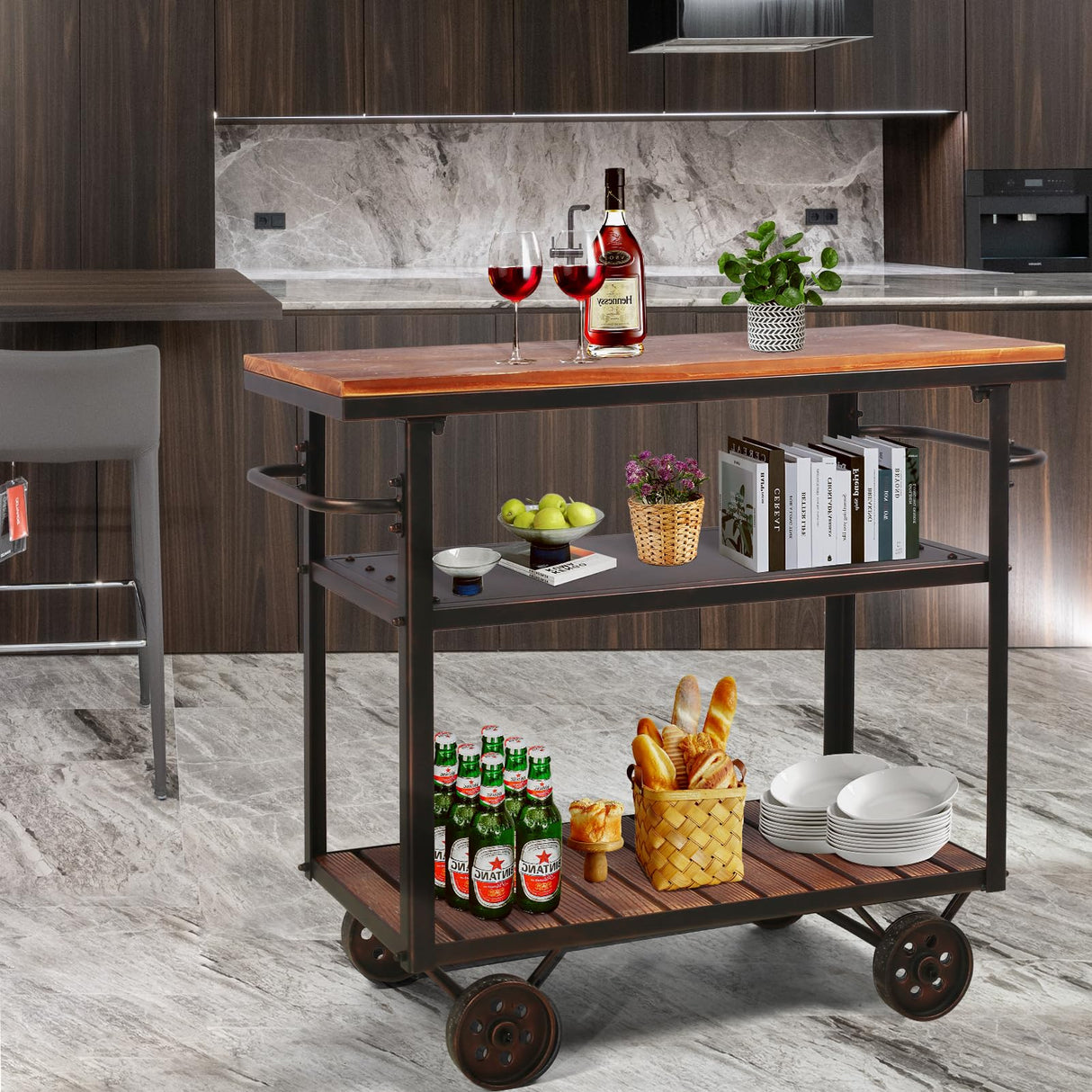BOKKOLIK Farmhouse Mobile Cart with Wheels for Home Kitchen Industrial Rolling Food Cart Outdoor Vintage Wood and Metal Design Utility Cart in Office Coffee House 3 Tier with 2 Side Handle BOKKOLIK