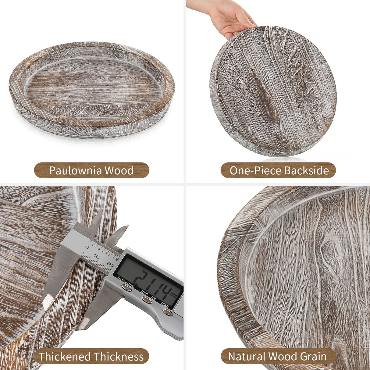 Hanobe Whitewash Wooden Round Serving Tray - Farmhouse Decor for Coffee Table, Kitchen Counter Hanobe