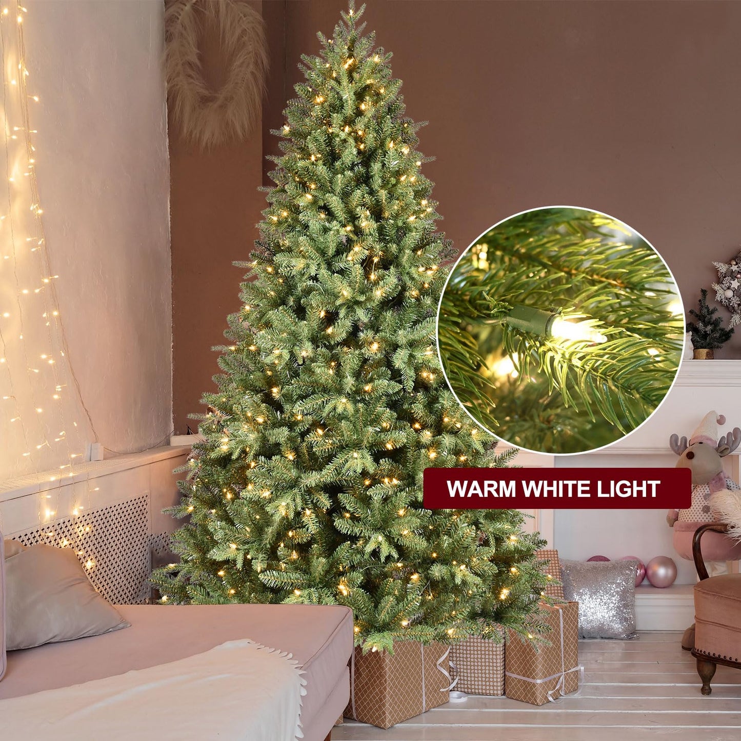 Treepool 5FT Pre-Lit Artificial Christmas Tree with 1014 PE&PVC Mixed Branch Tips, 300 Warm White Lights, Hinged Premium Spruce Fake Xmas Trees, Green, Foldable Base