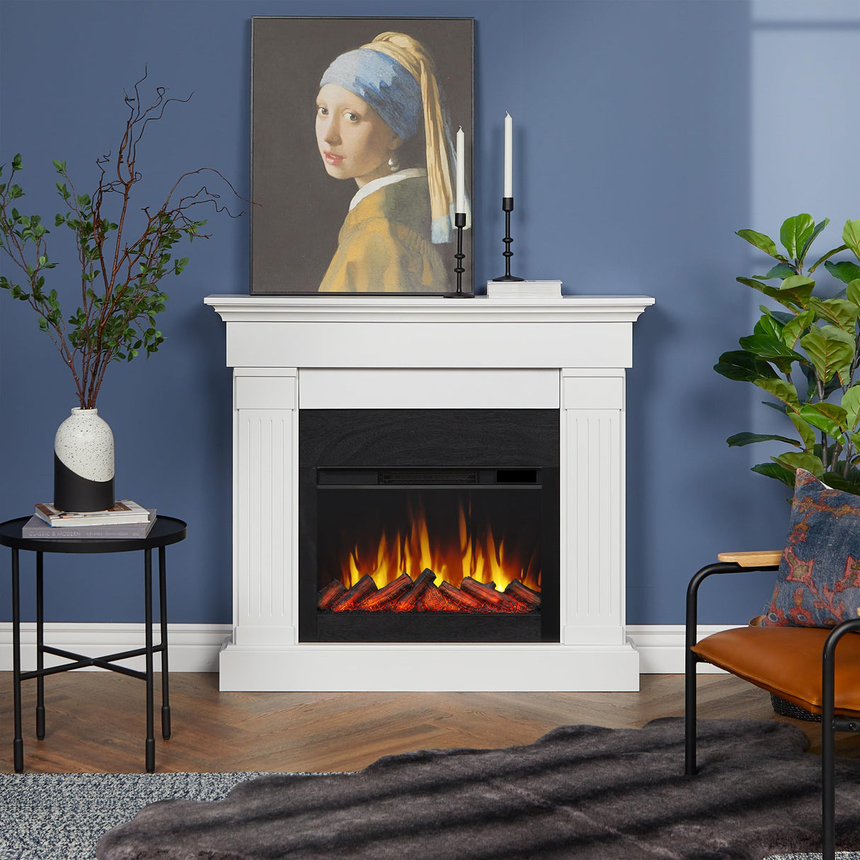 Real Flame Crawford Slim 48" Indoor Electric Fireplace with Mantel for Living Room or Bedroom, Replaceable Fireplace Insert Heater, Realistic Log and Flame Effect, Remote Control, Timer, White Real Flame