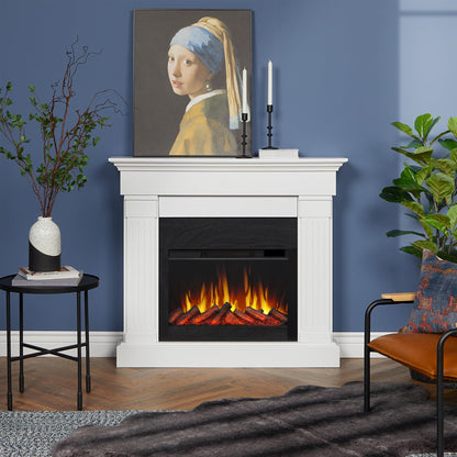 Real Flame Crawford Slim 48" Indoor Electric Fireplace with Mantel for Living Room or Bedroom, Replaceable Fireplace Insert Heater, Realistic Log and Flame Effect, Remote Control, Timer, White