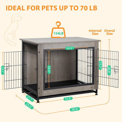 Shintenchi Wooden Dog Crate Furniture for Large Dog, L Double-Door Kennel Indoor with Removable Tray, End Table L Dog Crate for Decoration, 38" L*25" W*26" H, Grey