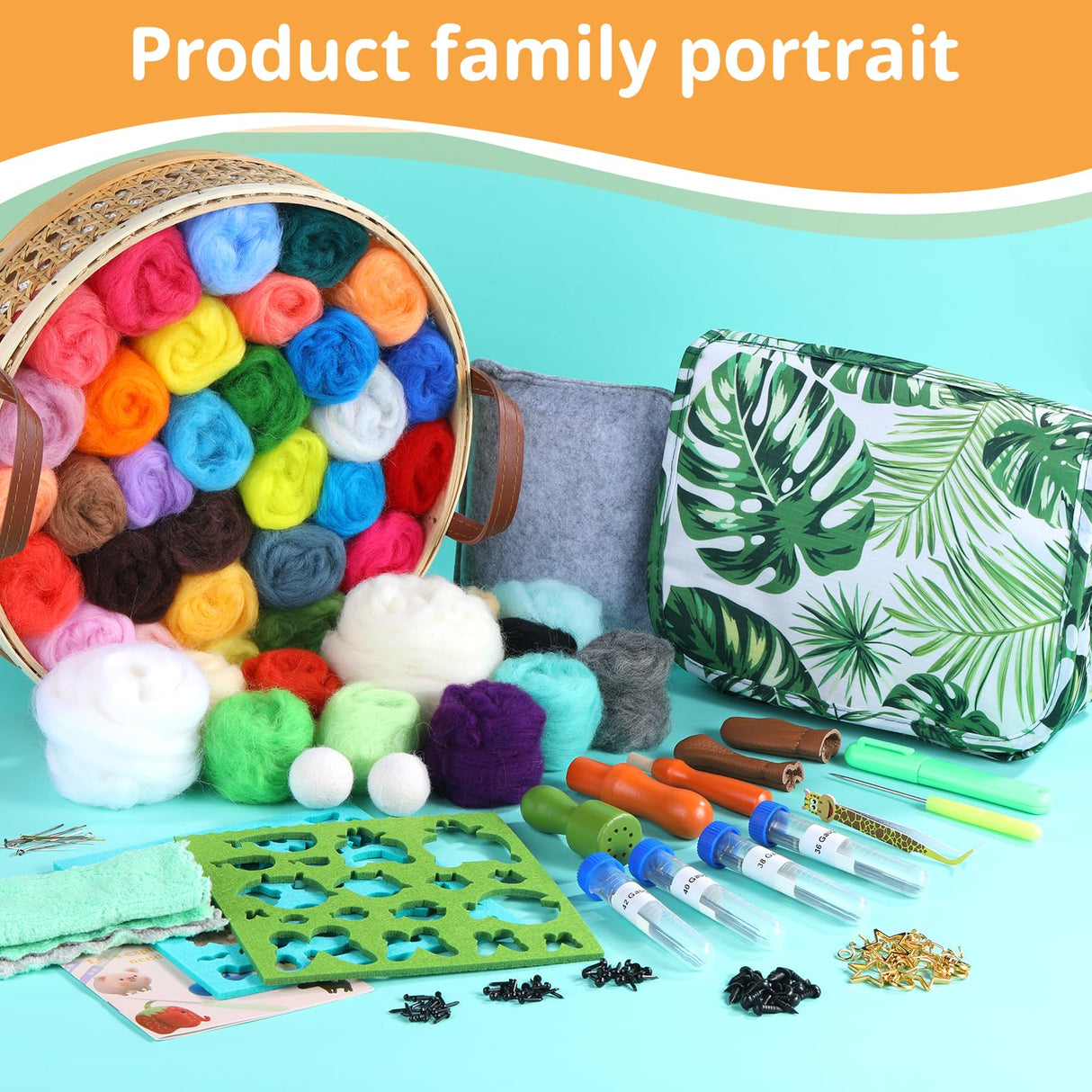 JNENERY Needle Felting Kit, 42 Colors Wool Roving Starter Kit, Needle Felting Starter Kits, Needle Felting Wool with Felt Tools, Instructions, Green Storage Bag for Felted Animal JNENERY