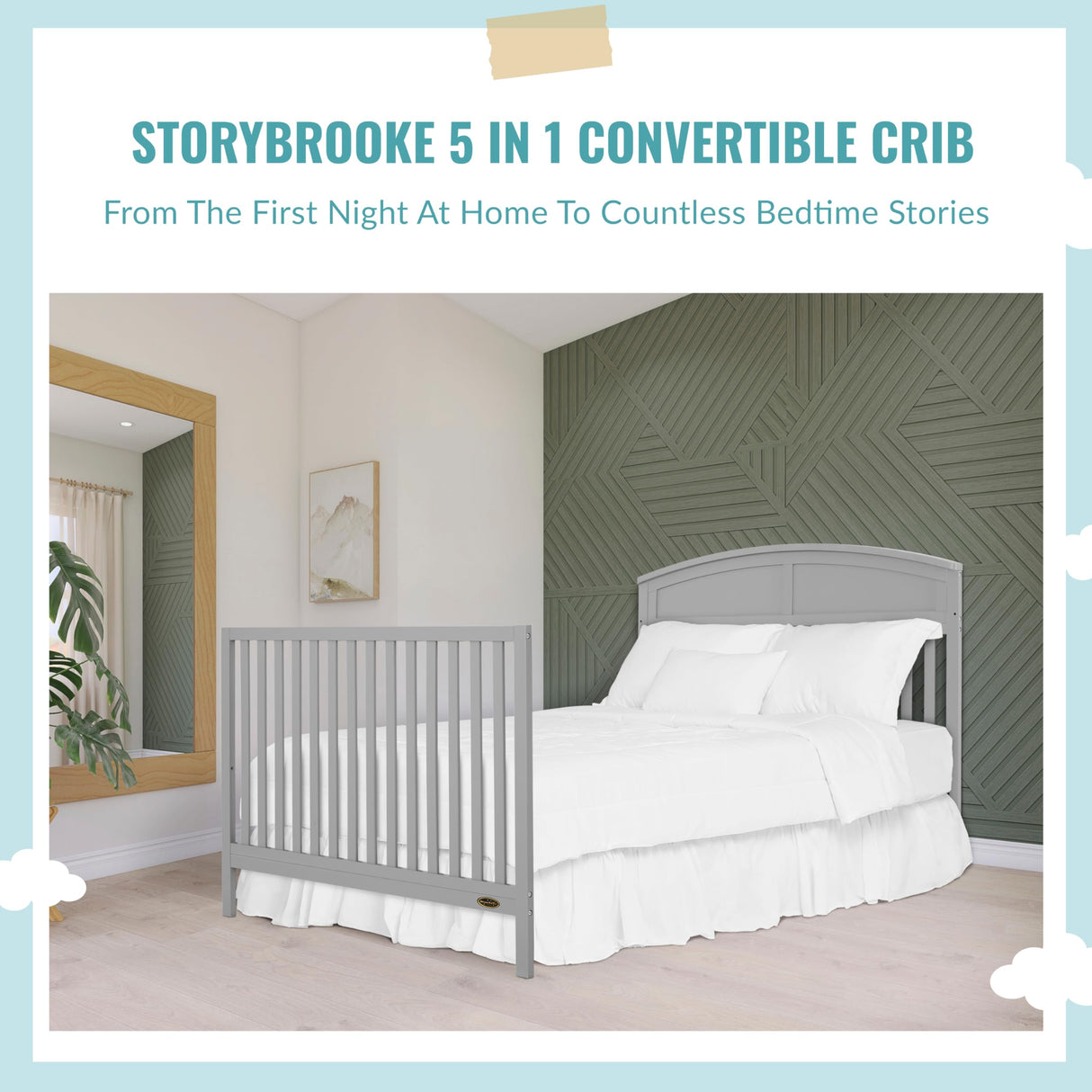 Evolur Dream On Me Storybrooke 5 in 1 Convertible Crib in Pebble Grey, JPMA & Greenguard Gold Certified, Built of Sustainable Pinewood, 3 Mattress Height Settings, Non-Toxic Water-Based Paint Finish Evolur