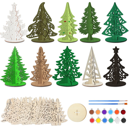 Yousoontic 10 Sets Color Your Own Wood Christmas Tree Tabletop Decoration Craft Kit 3D Unfinished Blank Xmas Tree for Holiday Office Home Desk Top Shelf Decor Winter Activities