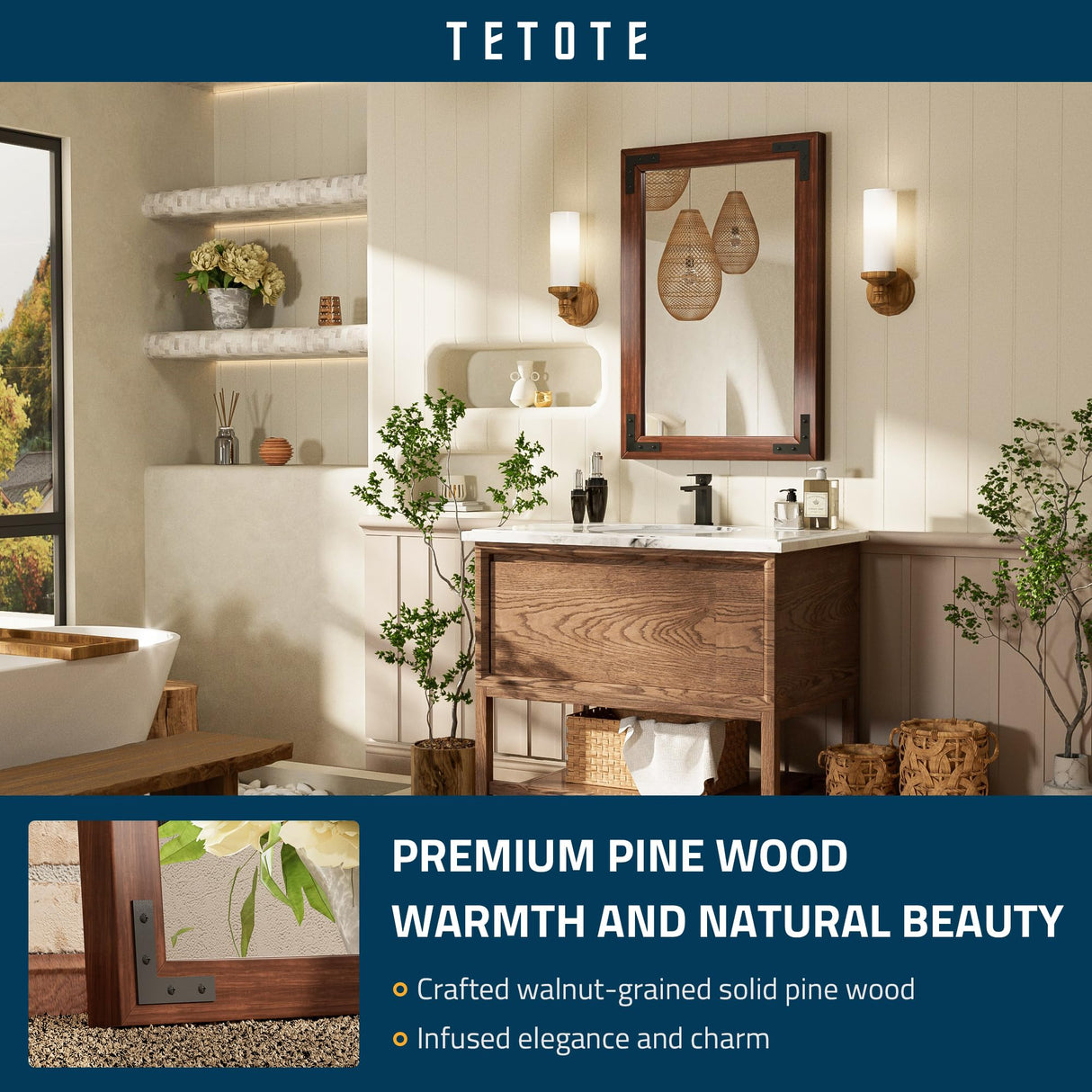 TETOTE 18 x 26 Walnut Wood Mirror for Bathroom Wall/Bedroom/Living Room/Entryway Farmhouse Rustic Bathroom Vanity Mirror for Over Sink Waterproof (Horizontal/Vertical Mounted) TETOTE