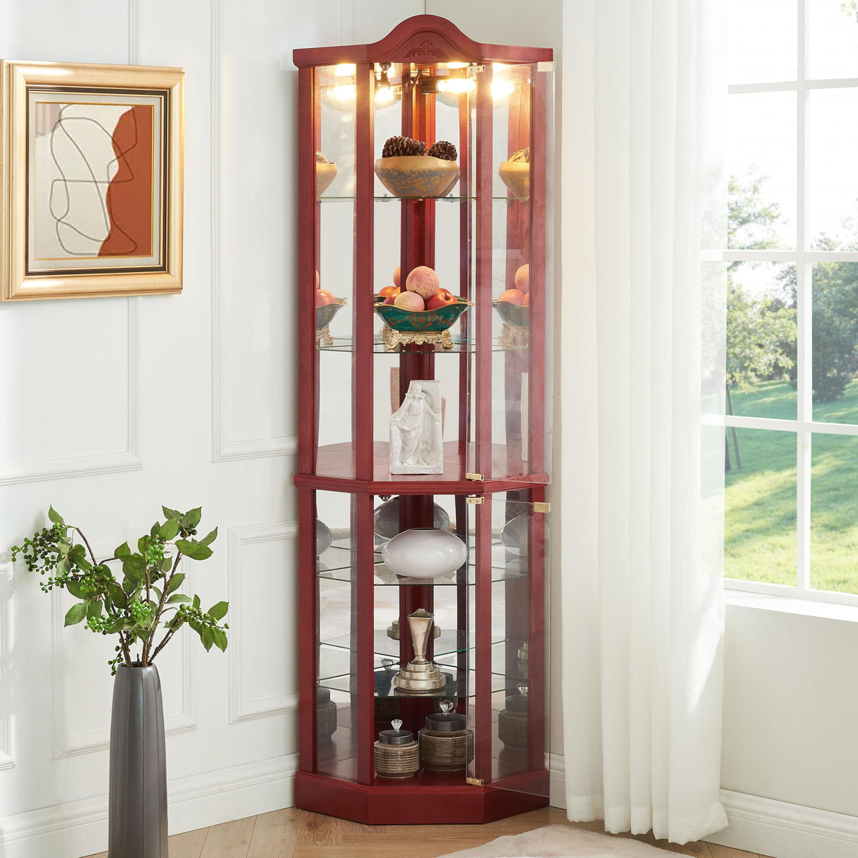 Lighted Corner Display Curio Cabinet Wooden Shelving Unit with Tempered Glass Door, Bar and Liquor Storage Area with 5 Shelves, Wine Cabinet with Curved Top Carving, Cherry CQSXDA