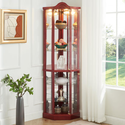 Lighted Corner Display Curio Cabinet Wooden Shelving Unit with Tempered Glass Door, Bar and Liquor Storage Area with 5 Shelves, Wine Cabinet with Curved Top Carving, Cherry - WoodArtSupply