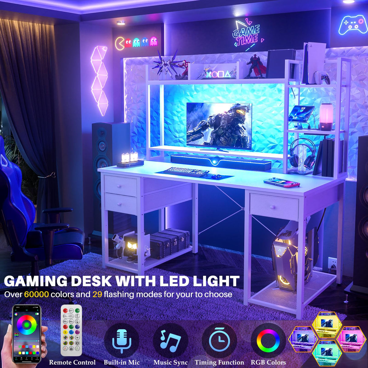 Aheaplus Desk with LED and Outlets, Gaming Desk with Hutch, 47.2'' Computer Desk with Drawers, Reversible Office Desk with Storage Bookshelf Large Workstation Desk with Shelf, Desk for Home, White Aheaplus