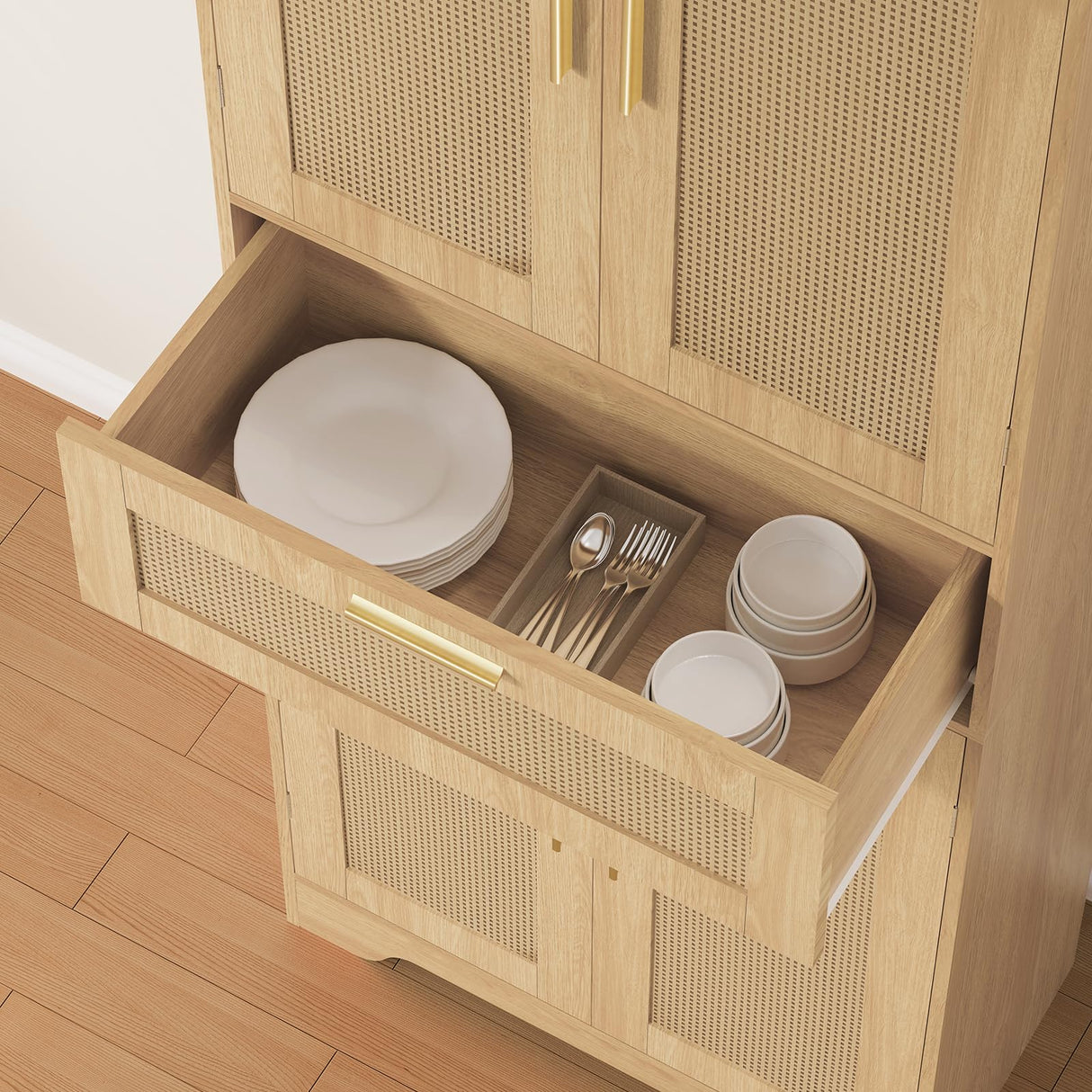 Iwell Tall Storage Cabinet with 2 Adjustable Shelves & Large Drawer, Rattan Cabinet with 4 Doors, Pantry Cabinets for Dining Room, Living Room, Home Office, Natural Iwell