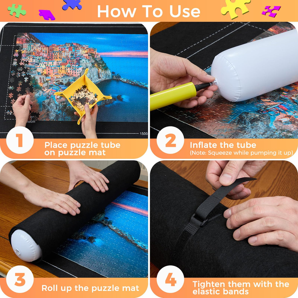 Jigsaw Puzzle Mat Roll Up - Portable Puzzles Saver Pad Up to 1500 Pieces, Full Accessories Puzzle Keeper with 4 Sorting Trays, Storage Bag, Easy Transport & Storage Puzzles Board Soekely