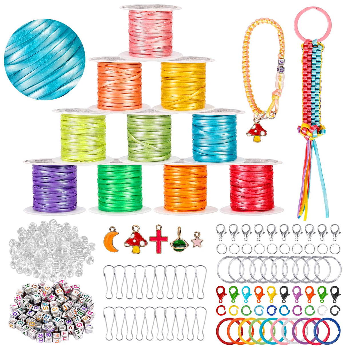 PP OPOUNT Lanyard String, 10 Rolls Pearly-Lustre Color Boondoggle String with Beads and Accessories, Gimp Bracelet Making Kit for Beginners DIY Bracelets, Key Chains and Lanyards, Camp Crafts PP OPOUNT