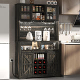GlouMod Farmhouse Coffee Bar Cabinet with Sliding Barn Door, Buffet Cabinet with Hutch, Kitchen Pantry Cabinet with Power Outlet & Lighting, Tall Liquor Cabinet for Home Dining Room, Black GlouMod