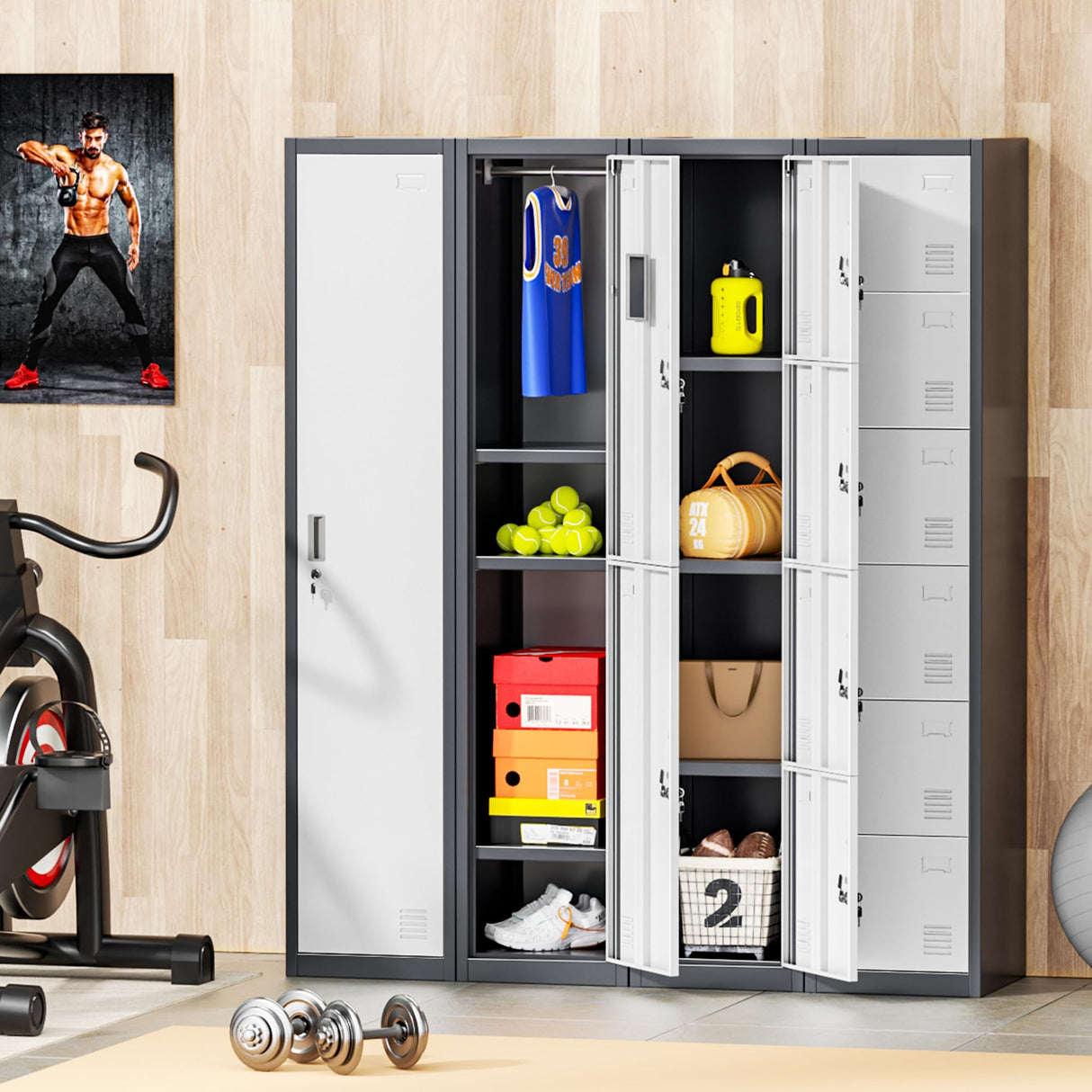 INTERGREAT Metal Locker for Employees with 4 Doors,(72") Steel Locker Storage Cabinet with 4 Tiers,Tall Office Storage Lockers for Home Office,School,Gym (Grey White) INTERGREAT