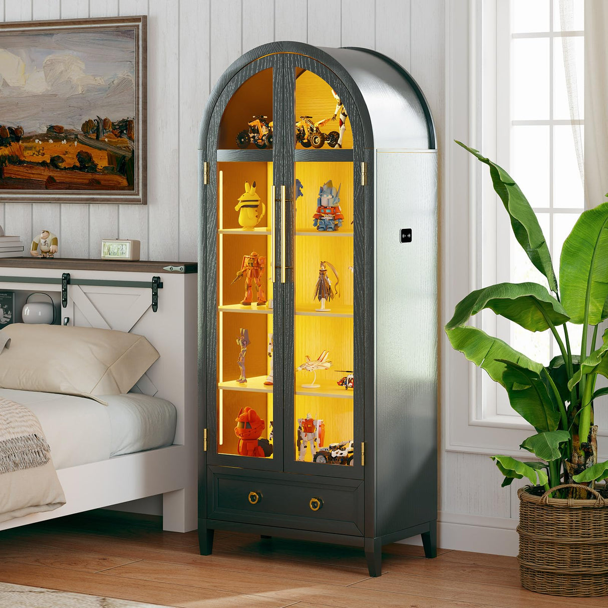 MDGC Arch Display Cabinet with Glass Doors, 4-Tier Curio Cabinet Shelves and a Drawer,73" Inch Tall LED Display Case for Collectibles,Bookcase for Bedroom Living Room Office,Black MDGC