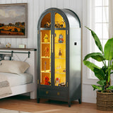 MDGC Arch Display Cabinet with Glass Doors, 4-Tier Curio Cabinet Shelves and a Drawer,73" Inch Tall LED Display Case for Collectibles,Bookcase for Bedroom Living Room Office,Black MDGC