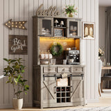 IDEALHOUSE 72" Modern Farmhouse Coffee Bar Cabinet with LED Lights & Power Outlets, Sliding Barn Doors, Rustic Gray Kitchen Buffet with Wine Storage, Ample Storage for Home Bar, Microwave IDEALHOUSE