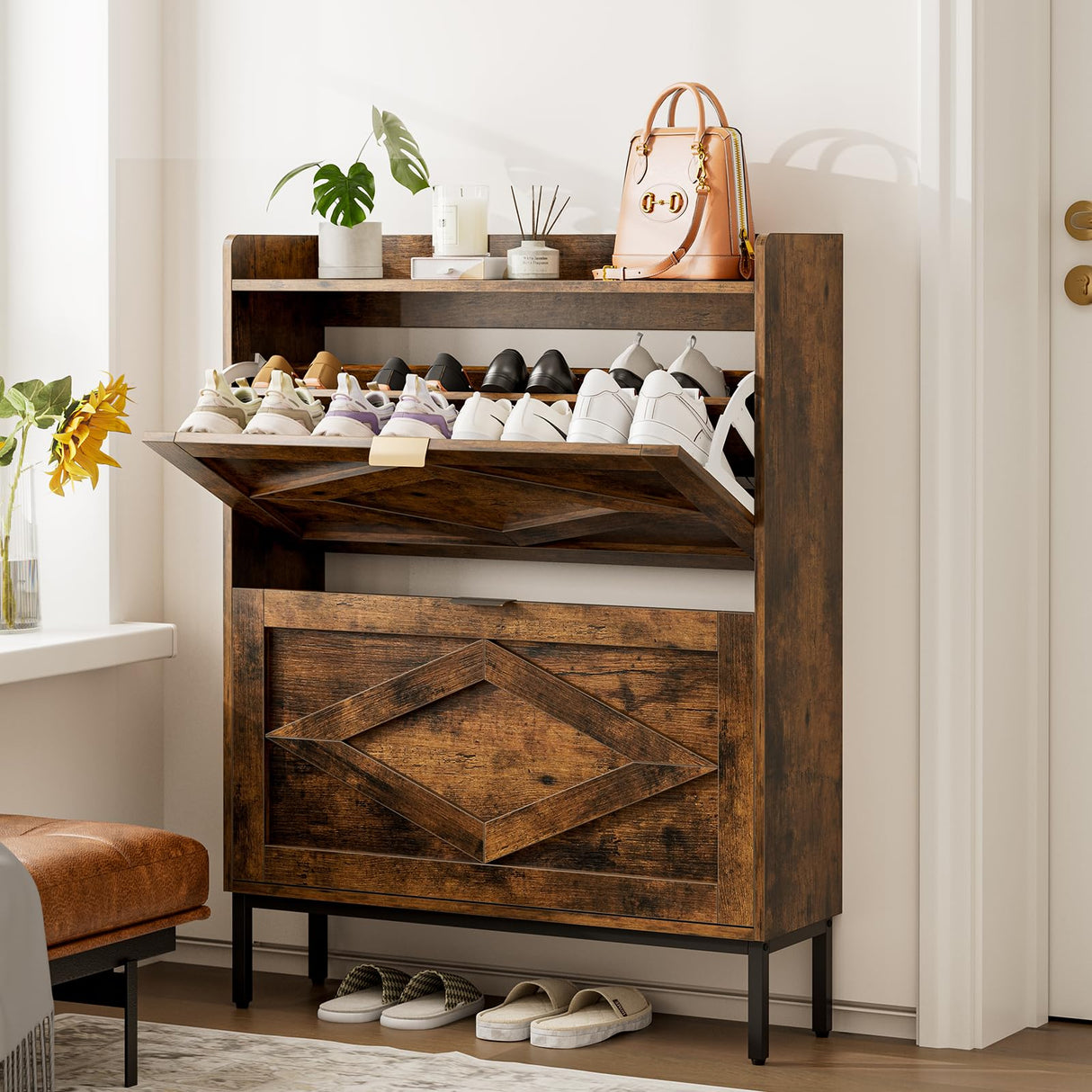 Entryway Shoe Storage Cabinet, Wooden Slim Organizer with 2 Hidden Drawers, Narrow Rack for Shoes, Flip Dresser for Entrance or Hallway, Space-Saving Storage Table, Rustic Brown HMFOR