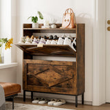 Entryway Shoe Storage Cabinet, Wooden Slim Organizer with 2 Hidden Drawers, Narrow Rack for Shoes, Flip Dresser for Entrance or Hallway, Space-Saving Storage Table, Rustic Brown HMFOR