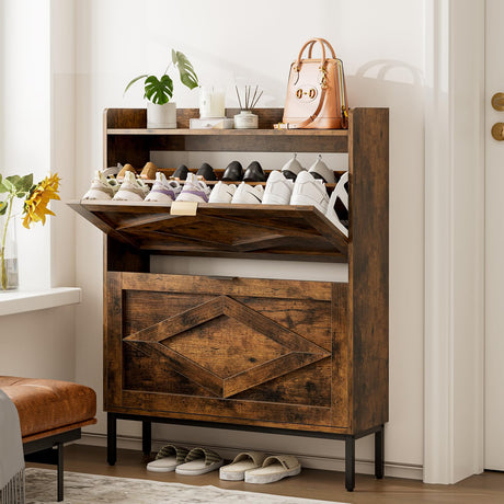 Entryway Shoe Storage Cabinet, Wooden Slim Organizer with 2 Hidden Drawers, Narrow Rack for Shoes, Flip Dresser for Entrance or Hallway, Space-Saving Storage Table, Rustic Brown HMFOR