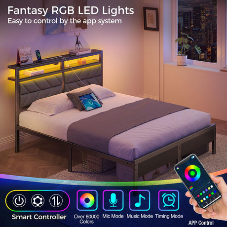 Seventable Queen Size Bed Frame with LED Lighting and Charging Station, Upholstered Storage Headboard, Noise-Free Metal Platform Design Seventable