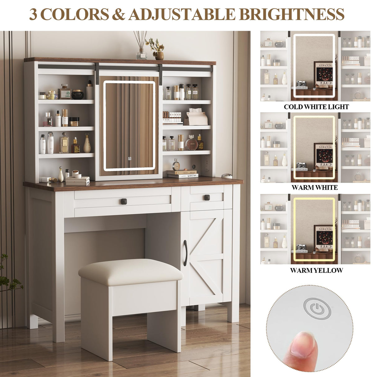 Legendstone Makeup Vanity Desk with Sliding Mirror and Lights, Farmhouse 42'' Tabletop Vanity Table with Drawers & Shelves & Power Outlet & Stool, Rustic Big Vanity Set for Bedroom,Antique White Legendstone