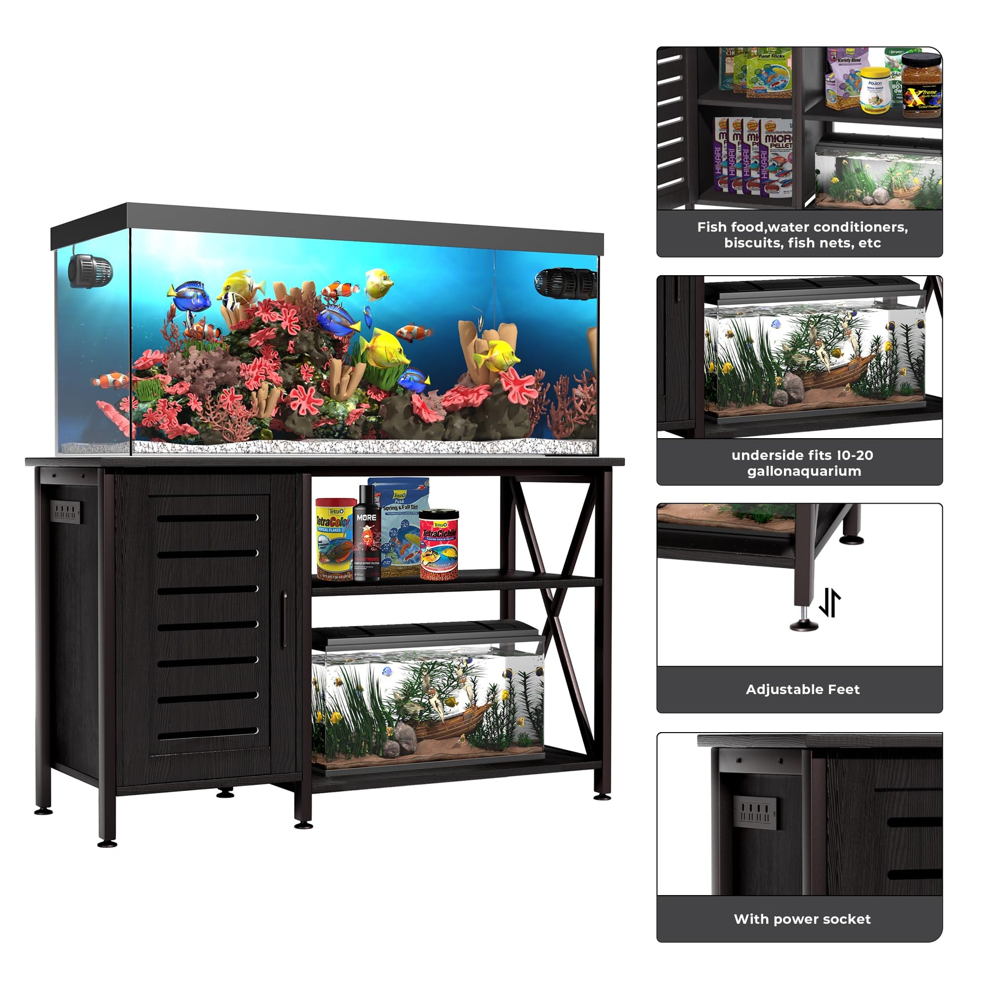 Herture 55-75 Gallon Fish Tank Stand, Aquarium Stand with Power Outlets and Cabinet for Fish Tank Accessories Storage, Heavy Duty Metal Frame, 52" L*19.68" W Tabletop, 1200LBS Capacity, Black - WoodArtSupply