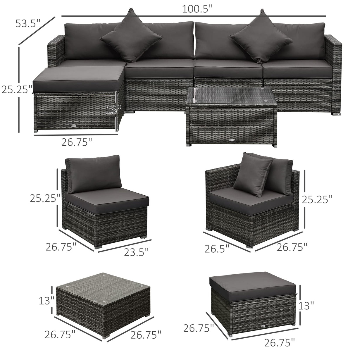 Outsunny 6 Piece Patio Furniture Set Outdoor Wicker Conversation Set All Weather PE Rattan Sectional Sofa Set with Ottoman, Cushions and Tempered Glass Table, Mixed Gray and Charcoal Outsunny