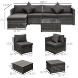 Outsunny 6 Piece Patio Furniture Set Outdoor Wicker Conversation Set All Weather PE Rattan Sectional Sofa Set with Ottoman, Cushions and Tempered Glass Table, Mixed Gray and Charcoal Outsunny