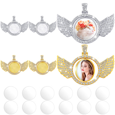 Junkin 18 Pieces Sublimation Rhinestone Wing Bezel Pendant Trays Set Including 6 Double Sided Rhinestone Trays Pendant Charms with 12 Sublimation Blank Discs for Jewelry Making (Gold, Silve)