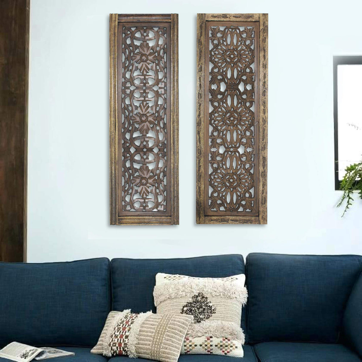 TUP The Urban Port Floral Hand Carved Wooden Wall Panels, Assortment of Two, Rustic Brown TUP THE URBAN PORT